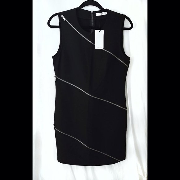 Fetish Zipper Black NWT MANGO CASUALS Sz M Stretch Peek-A-Boo Mini Dress Bust 36 - Picture 2 of 3